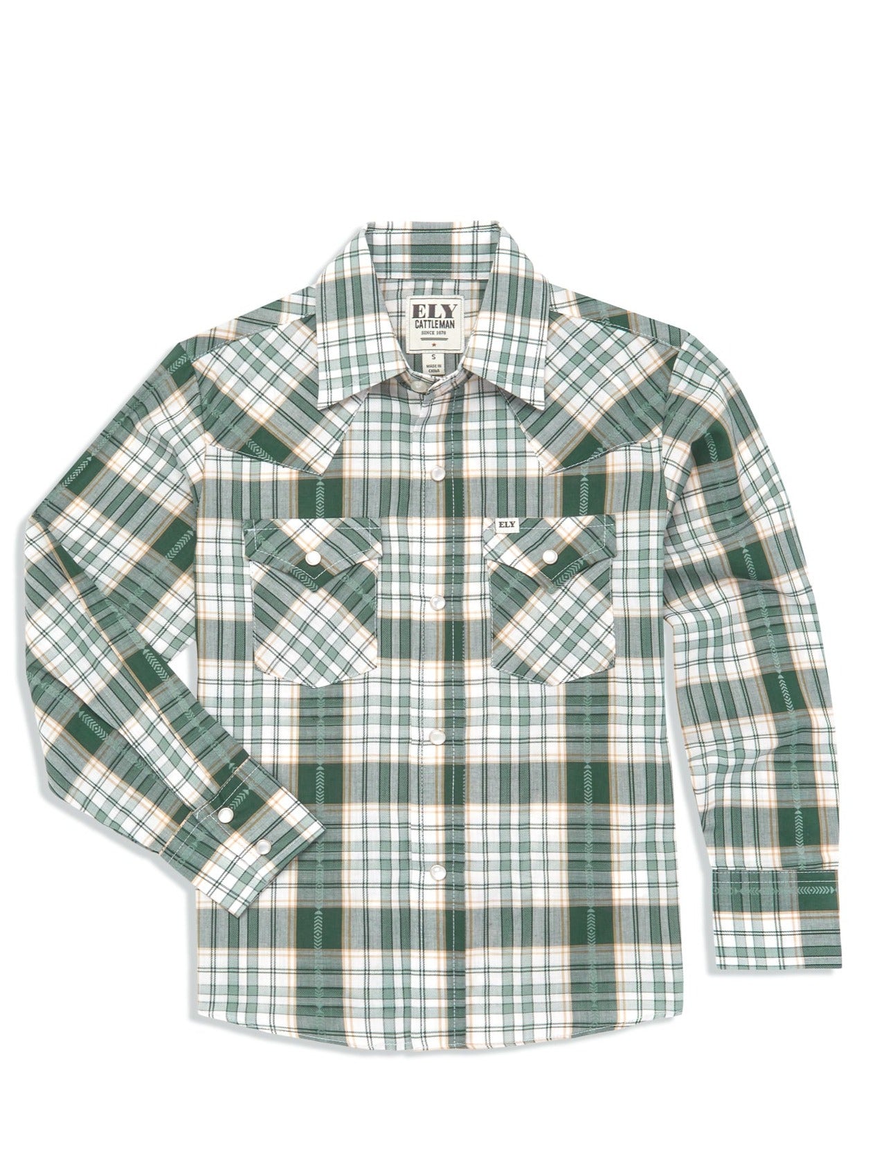 Boy's Ely Cattleman Long Sleeve Textured Aztec Plaid Western Snap Shirt- Black & Hunter Green
