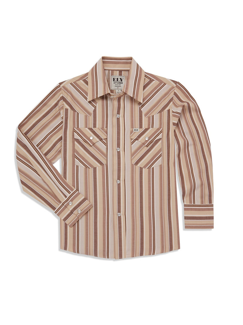 Boy's Ely Cattleman Long Sleeve Textured Stripe Western Snap Shirt- Midnight & Tan
