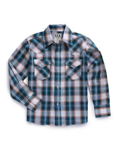 Boy's Ely Cattleman Long Sleeve Textured Plaid Western Snap Shirt- Teal & Khaki