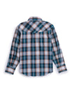 Boy's Ely Cattleman Long Sleeve Textured Plaid Western Snap Shirt- Teal & Khaki