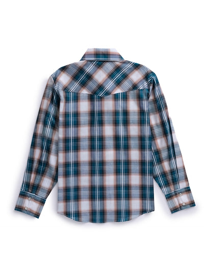 Boy's Ely Cattleman Long Sleeve Textured Plaid Western Snap Shirt- Teal & Khaki