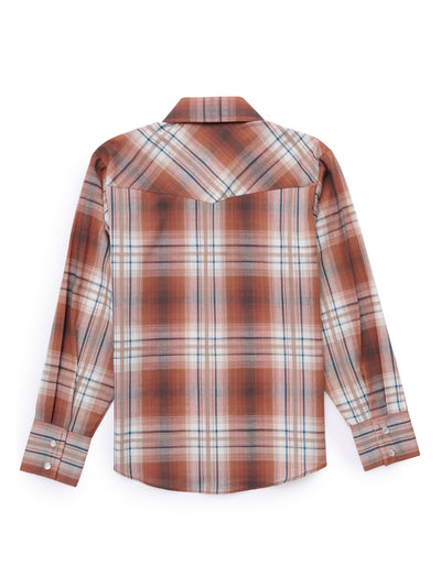 Boy's Ely Cattleman Long Sleeve Textured Plaid Western Snap Shirt- Rust & Navy