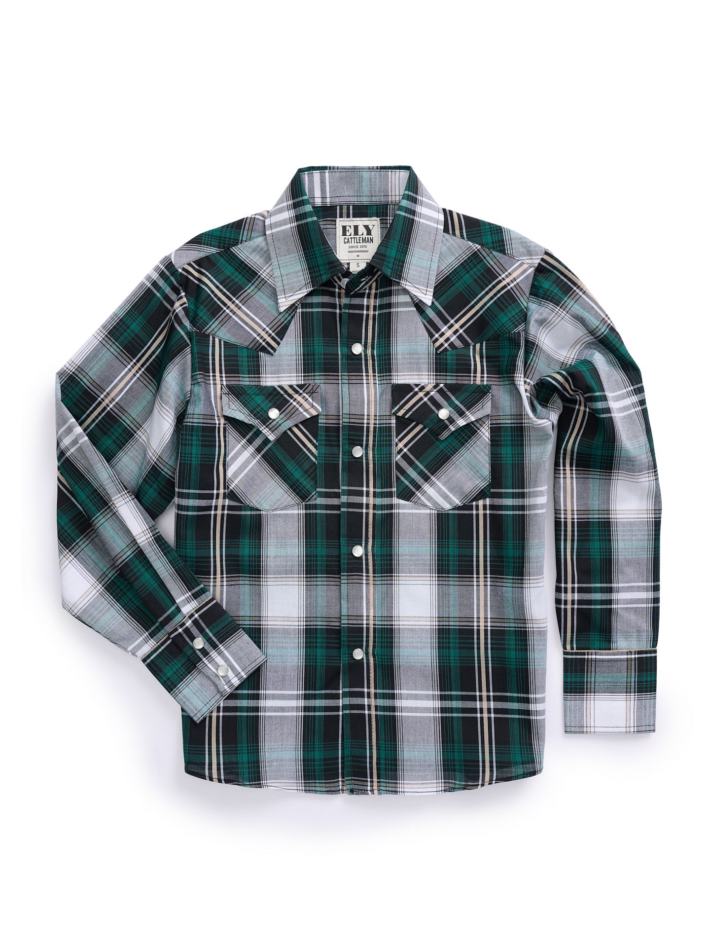Boy's Ely Cattleman Long Sleeve Textured Green Plaid Western Snap Shirt