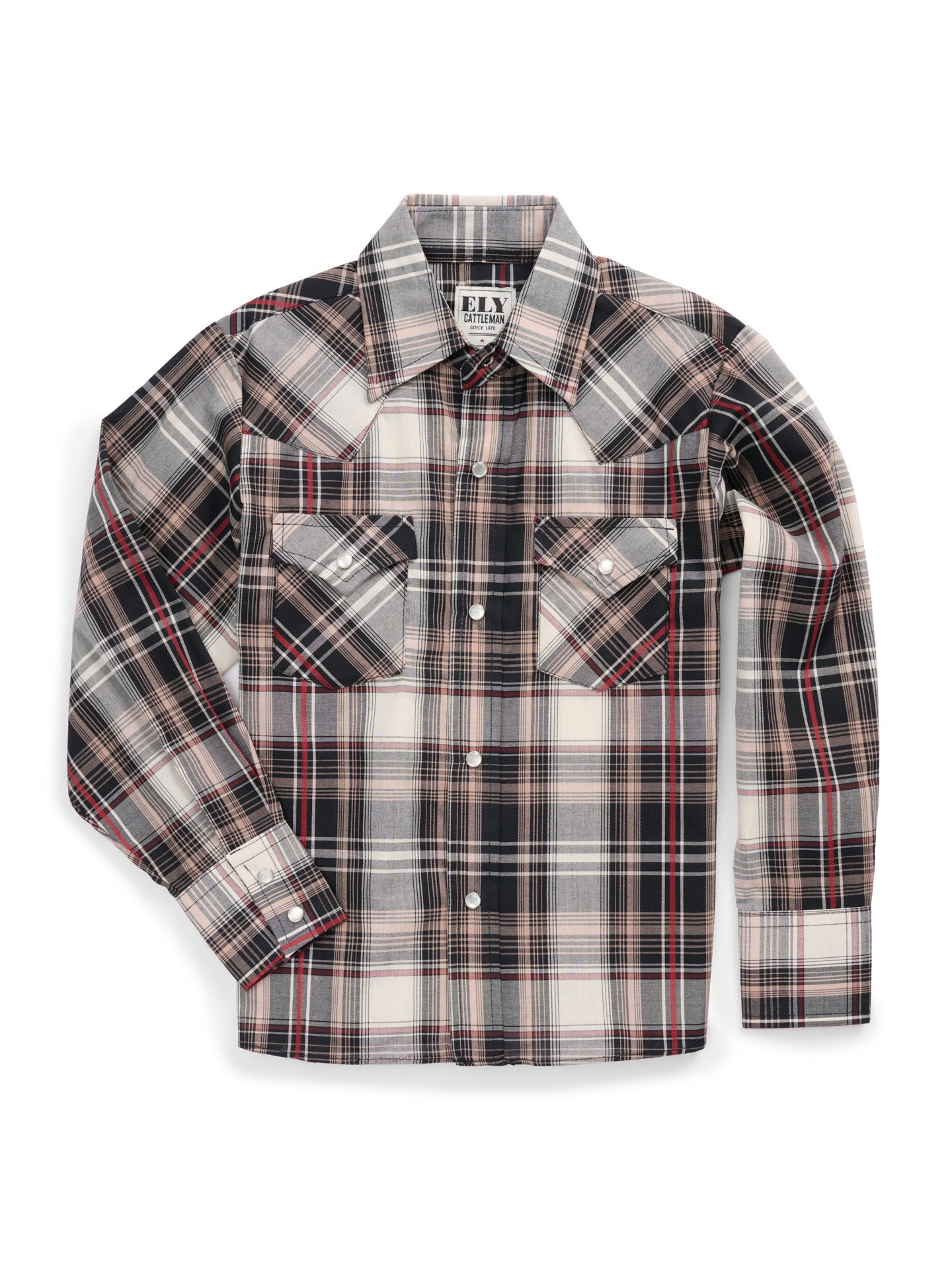 Boy's Ely Cattleman Long Sleeve Textured Khaki Plaid Western Snap Shirt