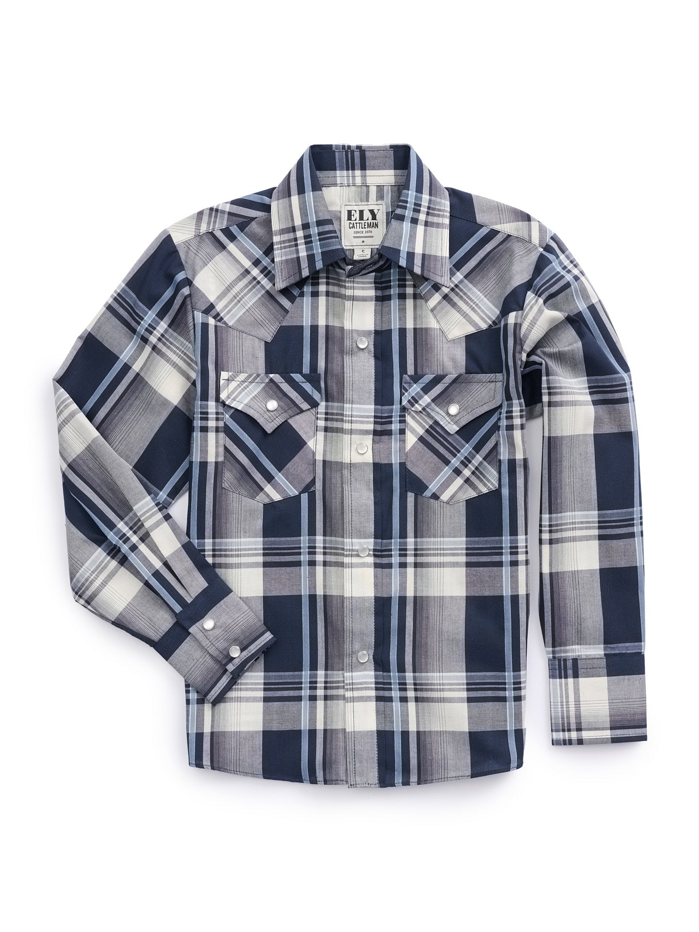 Boy's Ely Cattleman Long Sleeve Textured Plaid Western Snap Shirt- Navy & Rust