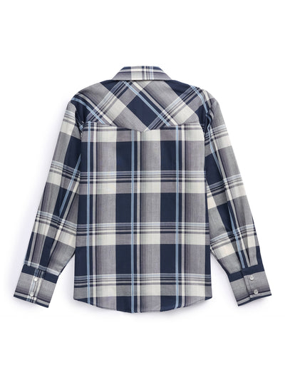 Boy's Ely Cattleman Long Sleeve Textured Plaid Western Snap Shirt- Navy & Rust