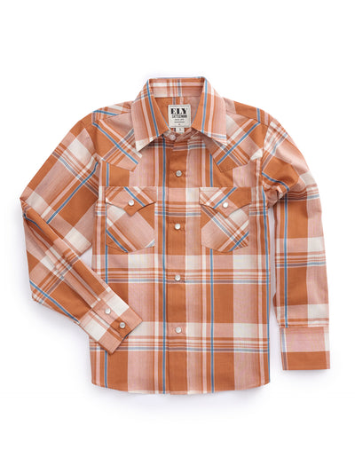 Boy's Ely Cattleman Long Sleeve Textured Plaid Western Snap Shirt- Navy & Rust