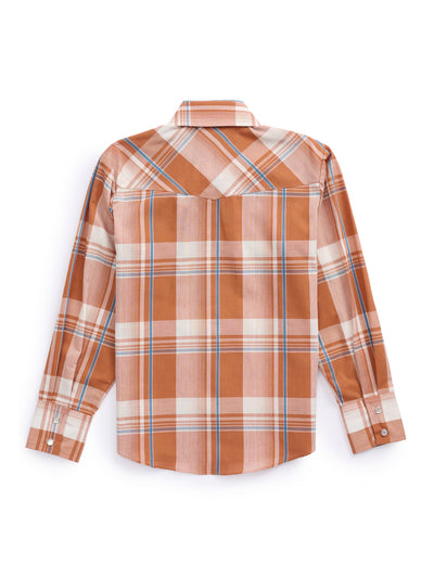 Boy's Ely Cattleman Long Sleeve Textured Plaid Western Snap Shirt- Navy & Rust