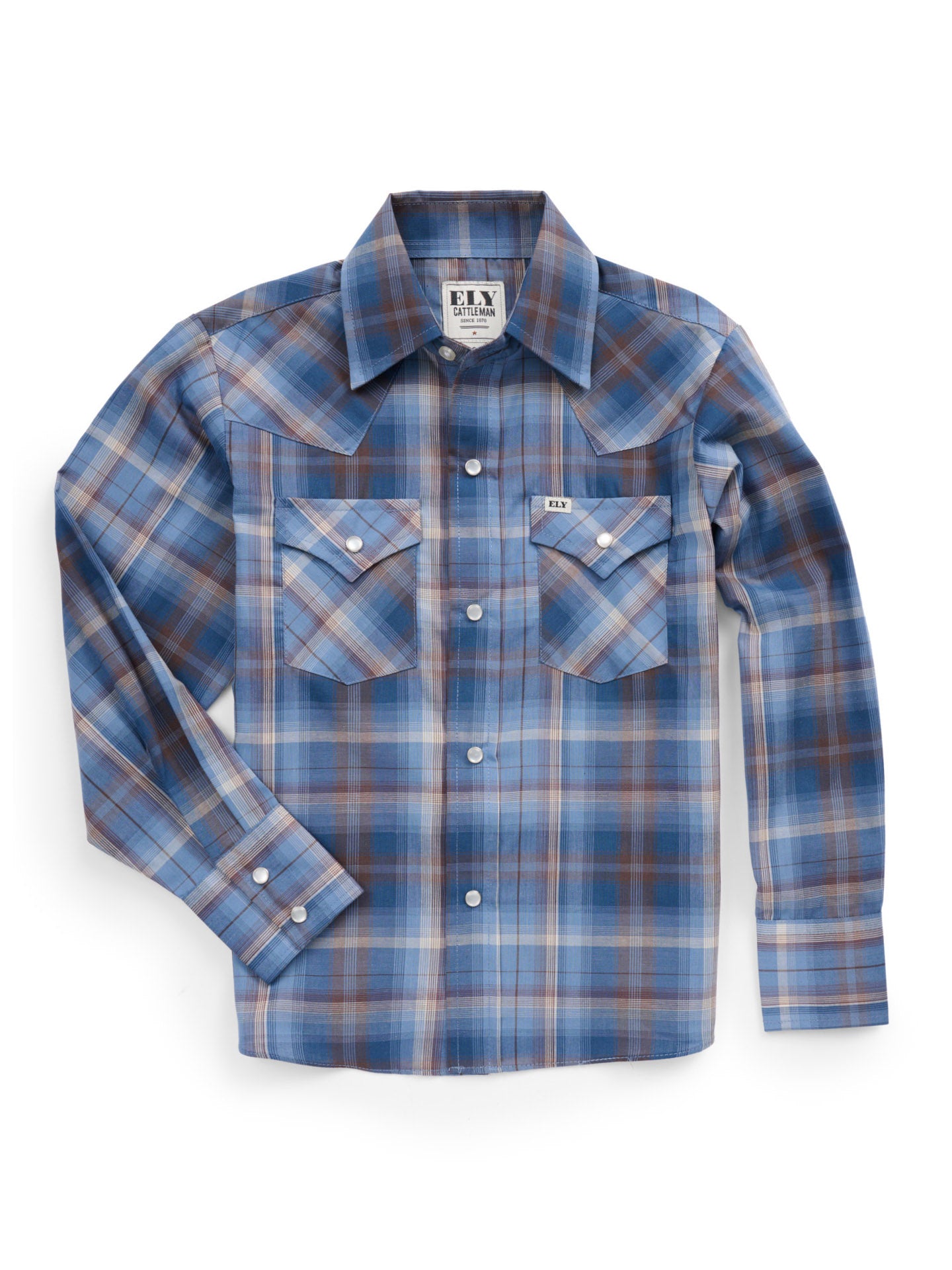 Boy's Ely Cattleman Long Sleeve Textured Plaid Western Snap Shirt-Navy