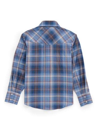 Boy's Ely Cattleman Long Sleeve Textured Plaid Western Snap Shirt-Navy
