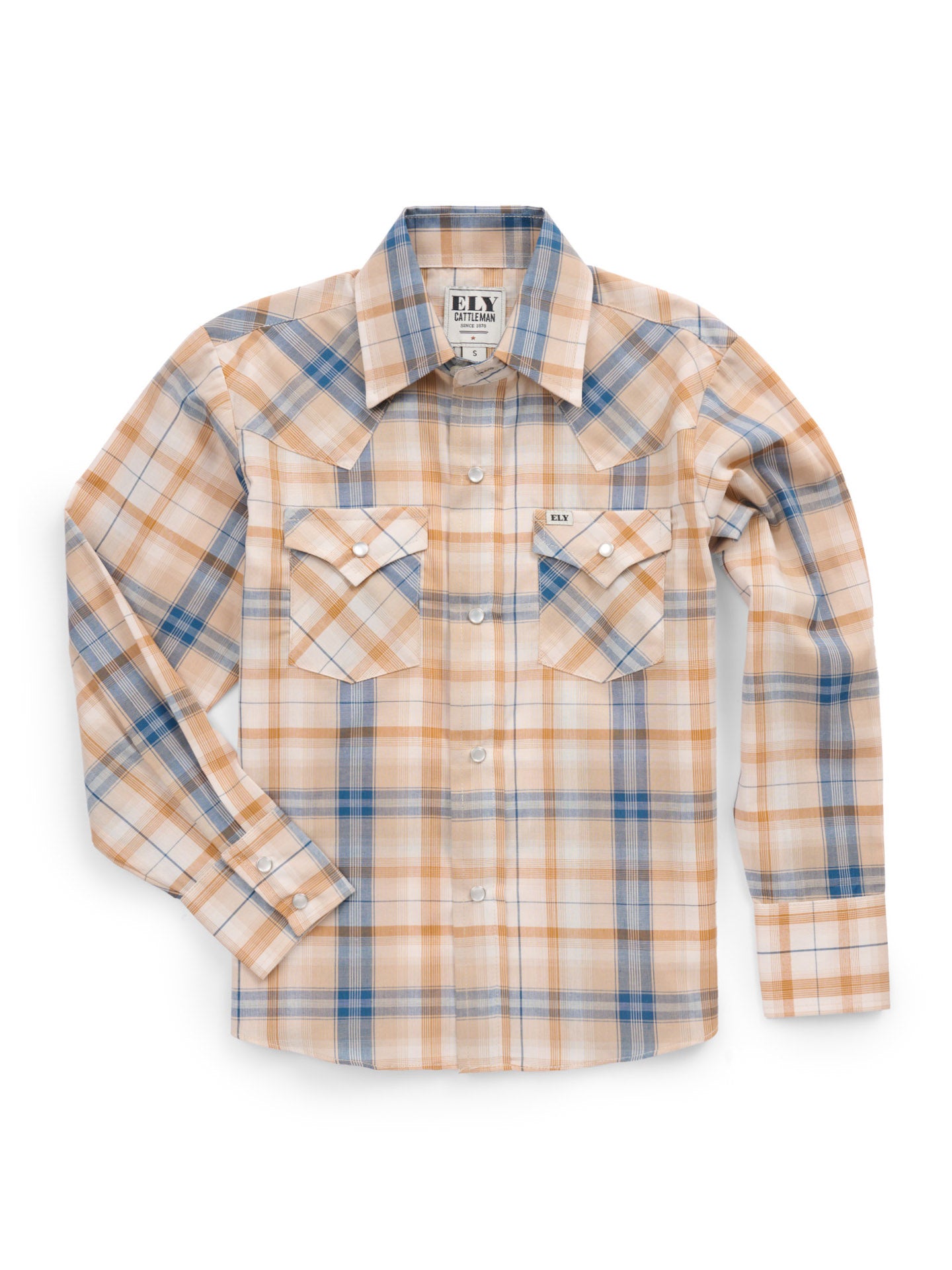 Boy's Ely Cattleman Long Sleeve Textured Plaid Western Snap Shirt-Tan