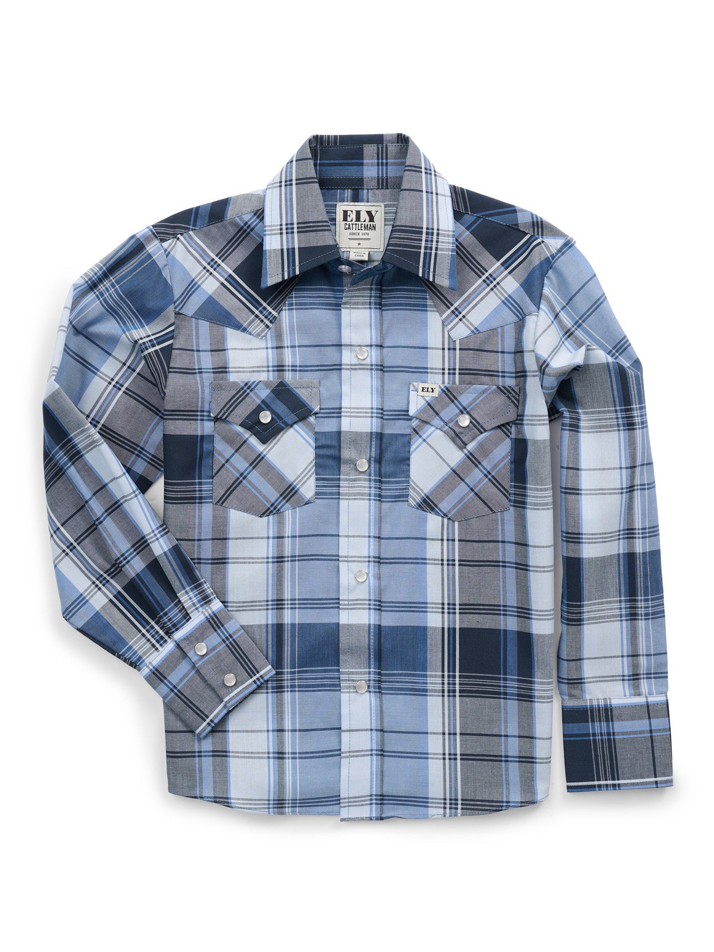 Boy's Ely Cattleman Long Sleeve Textured Plaid Western Snap Shirt- Blue