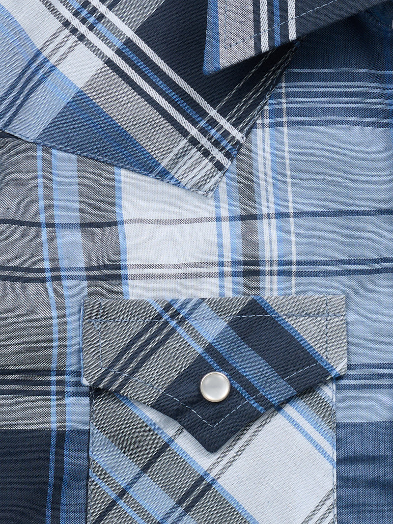 Boy's Ely Cattleman Long Sleeve Textured Plaid Western Snap Shirt- Blue