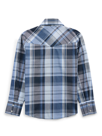 Boy's Ely Cattleman Long Sleeve Textured Plaid Western Snap Shirt- Blue