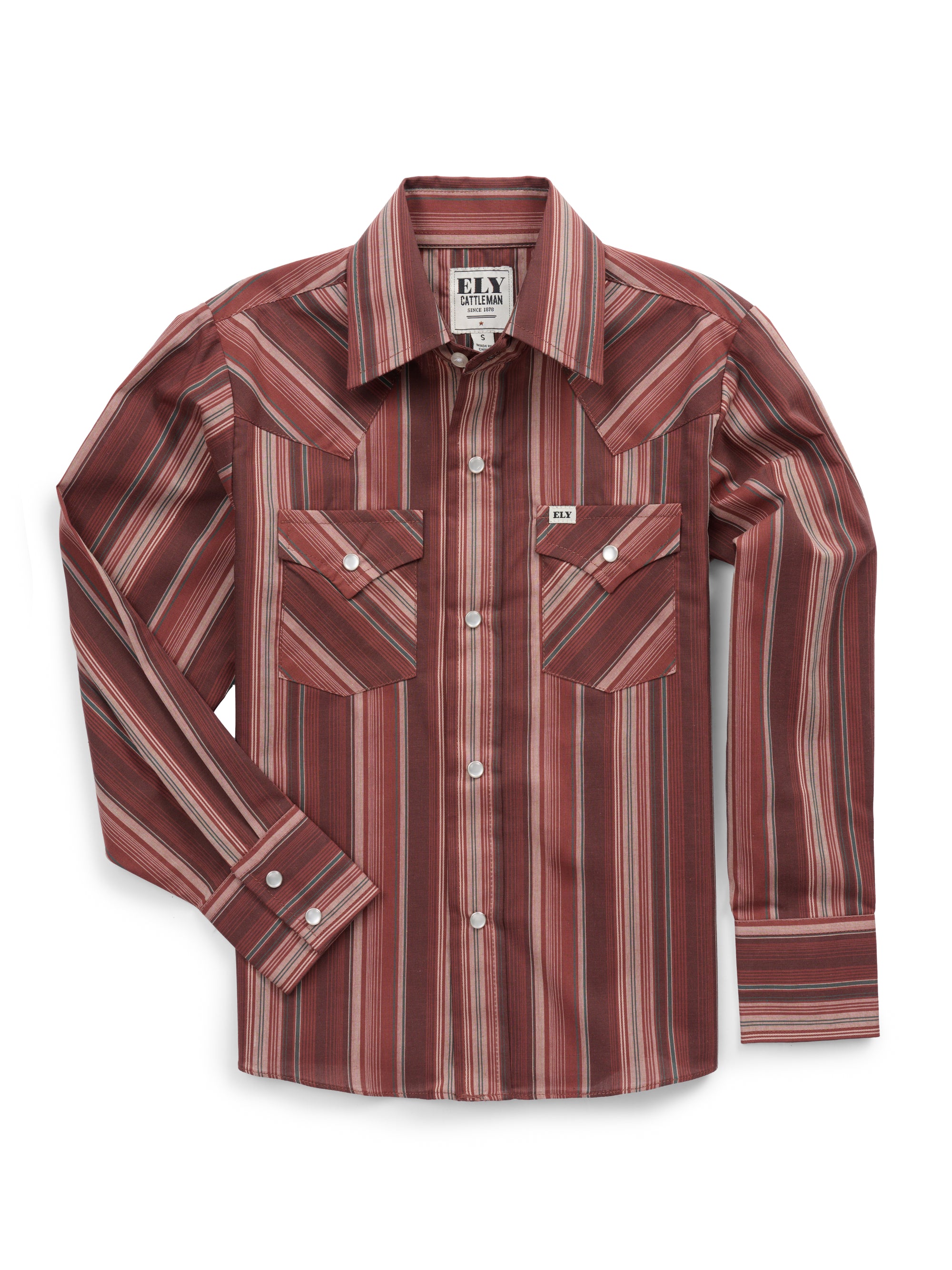 Boy's Ely Cattleman Long Sleeve Textured Stripe Western Snap Shirt- Burgundy