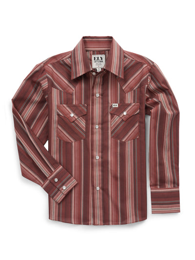 Boy's Ely Cattleman Long Sleeve Textured Stripe Western Snap Shirt- Burgundy
