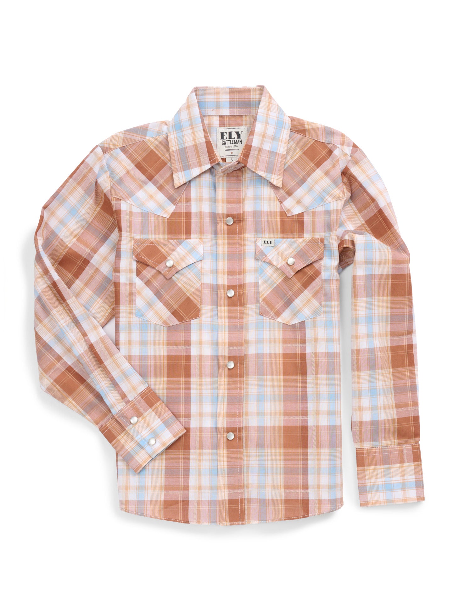 Boy's Ely Cattleman Long Sleeve Textured Plaid Western Snap Shirt- Gold