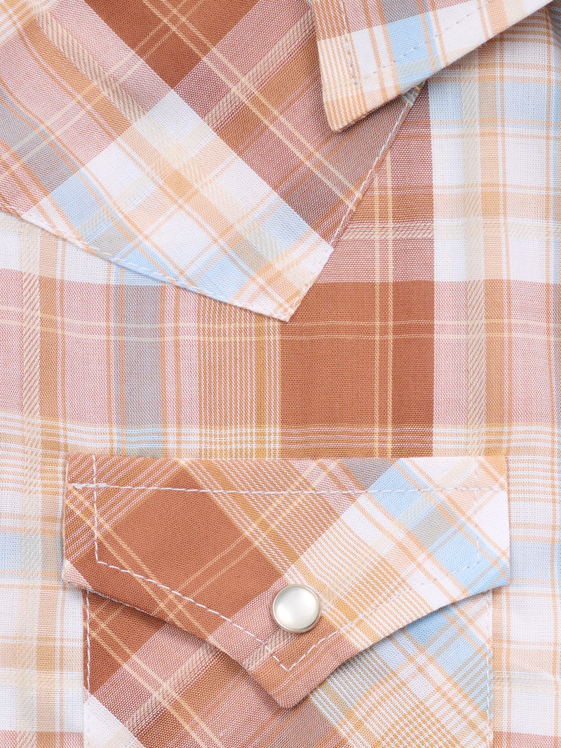 Boy's Ely Cattleman Long Sleeve Textured Plaid Western Snap Shirt- Gold