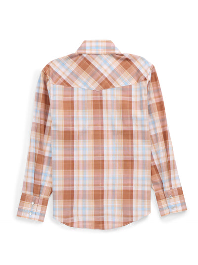 Boy's Ely Cattleman Long Sleeve Textured Plaid Western Snap Shirt- Gold