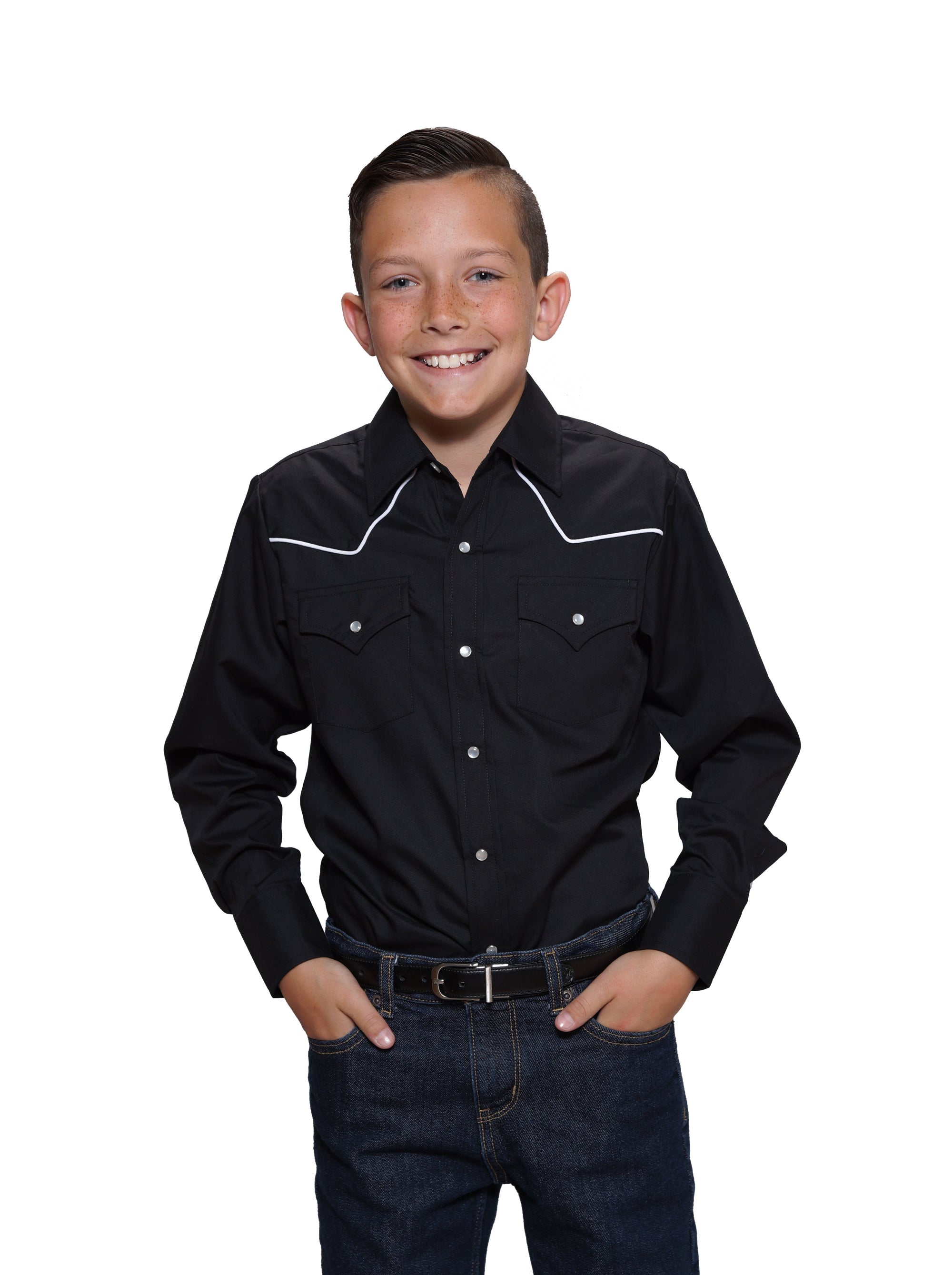 Boy's Ely Cattleman Long Sleeve Solid Western Snap Shirt with White Piping