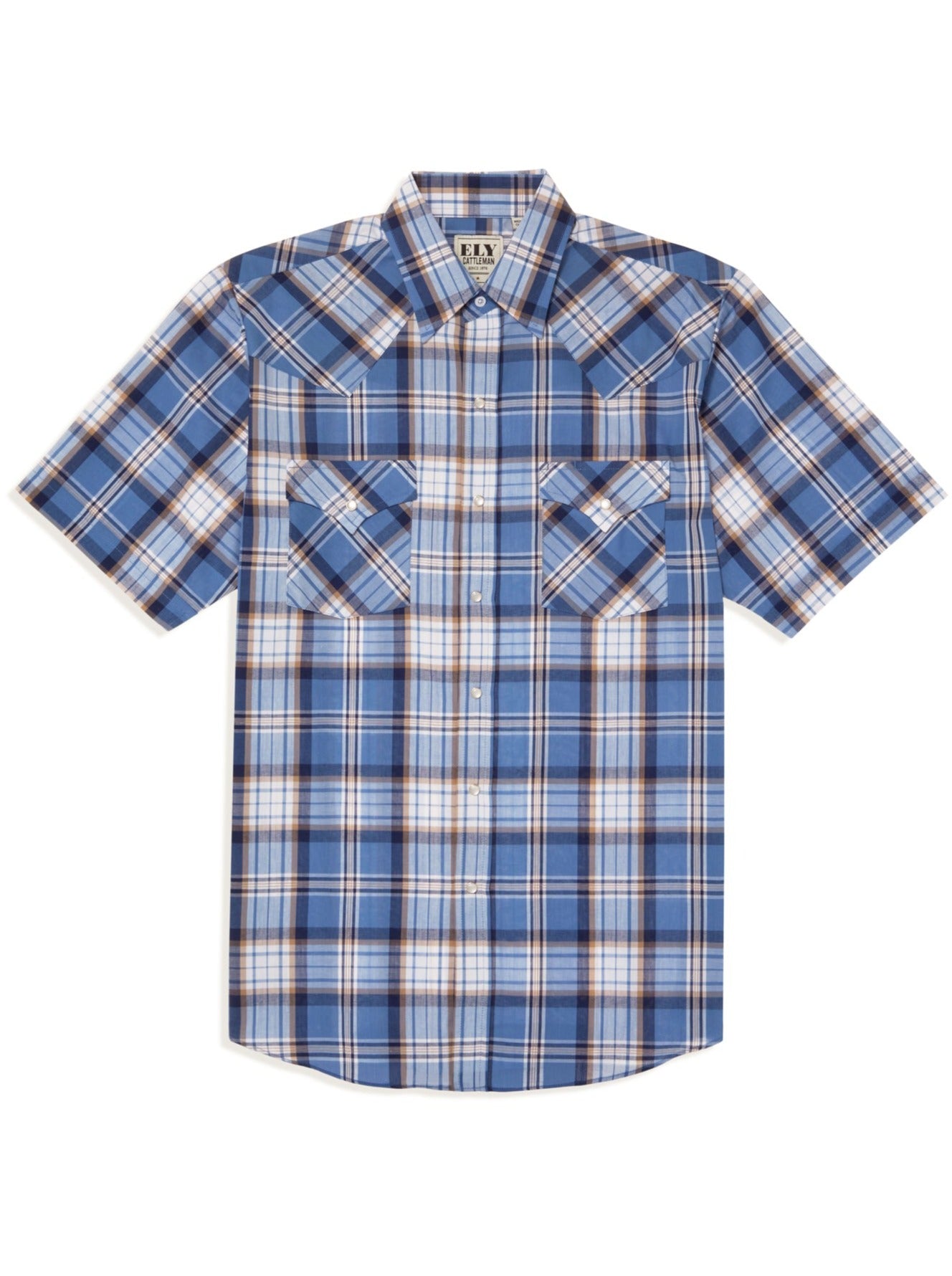 Men's Ely Cattleman Short Sleeve Textured Plaid Western Snap Shirt- Chambray Blue