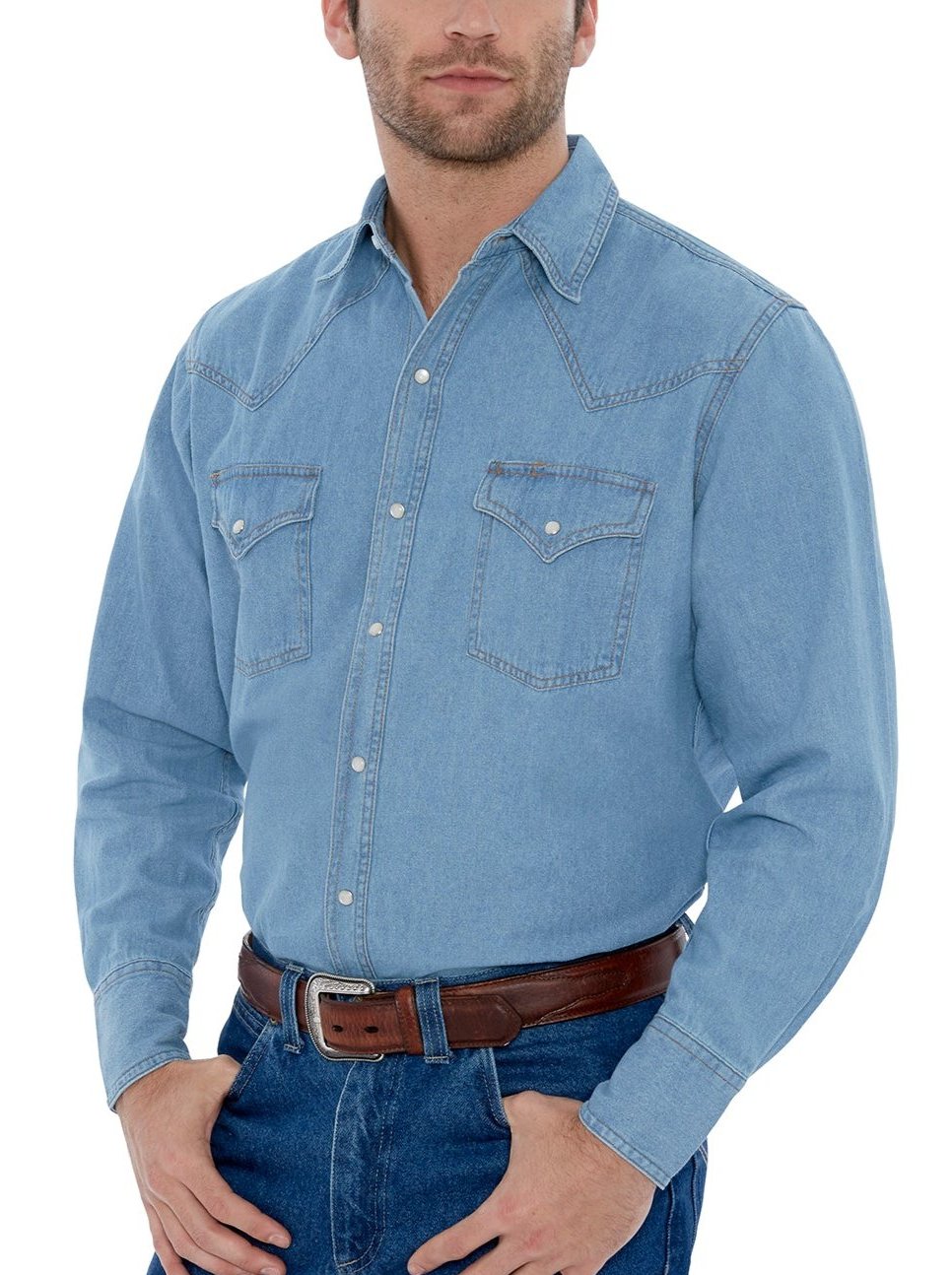 Men's Ely Cattleman Long Sleeve Washed Denim Western Snap Shirt L Men's Ely Cattleman Long Sleeve Washed Denim Western Snap Shirt L
