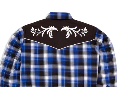 Men's Ely Cattleman Retro Plaid Western Snap Shirt with Embroidery- Royal Blue