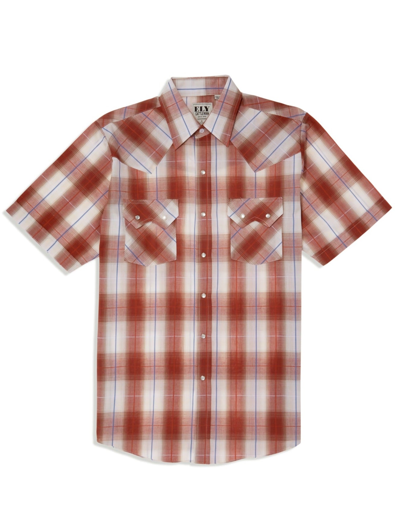 Men's Ely Cattleman Short Sleeve Textured Plaid Western Snap Shirt- Rust
