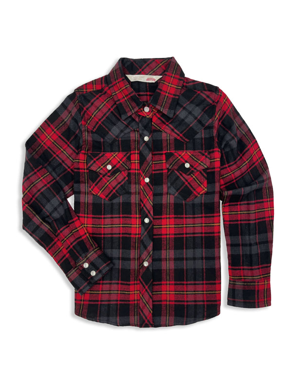 Girl's Ely Cattleman Plaid Flannel Western Snap Shirt Red Plaid / M