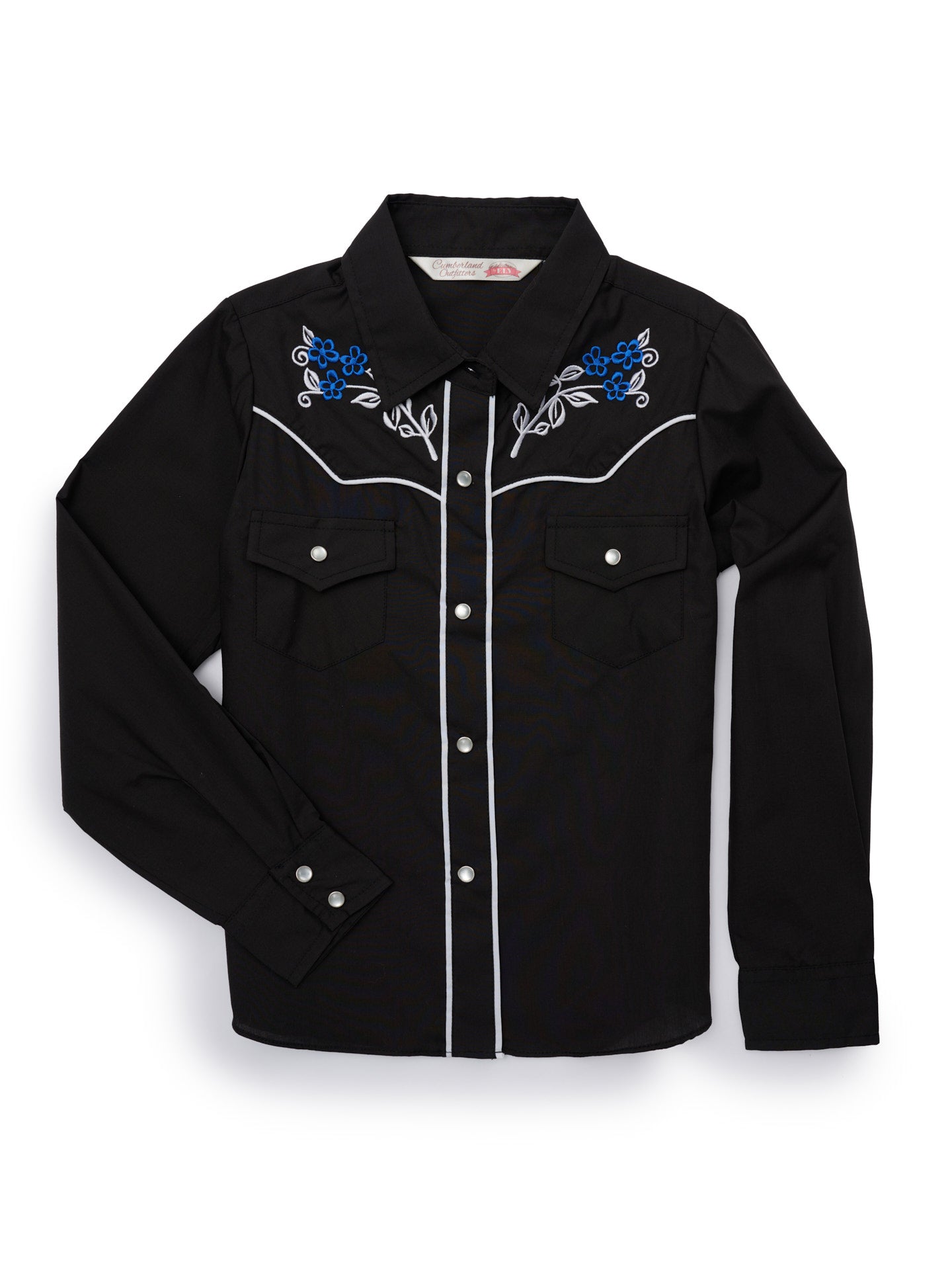 Girl's Ely Cattleman Solid Black Western Snap Shirt with Floral Embroi
