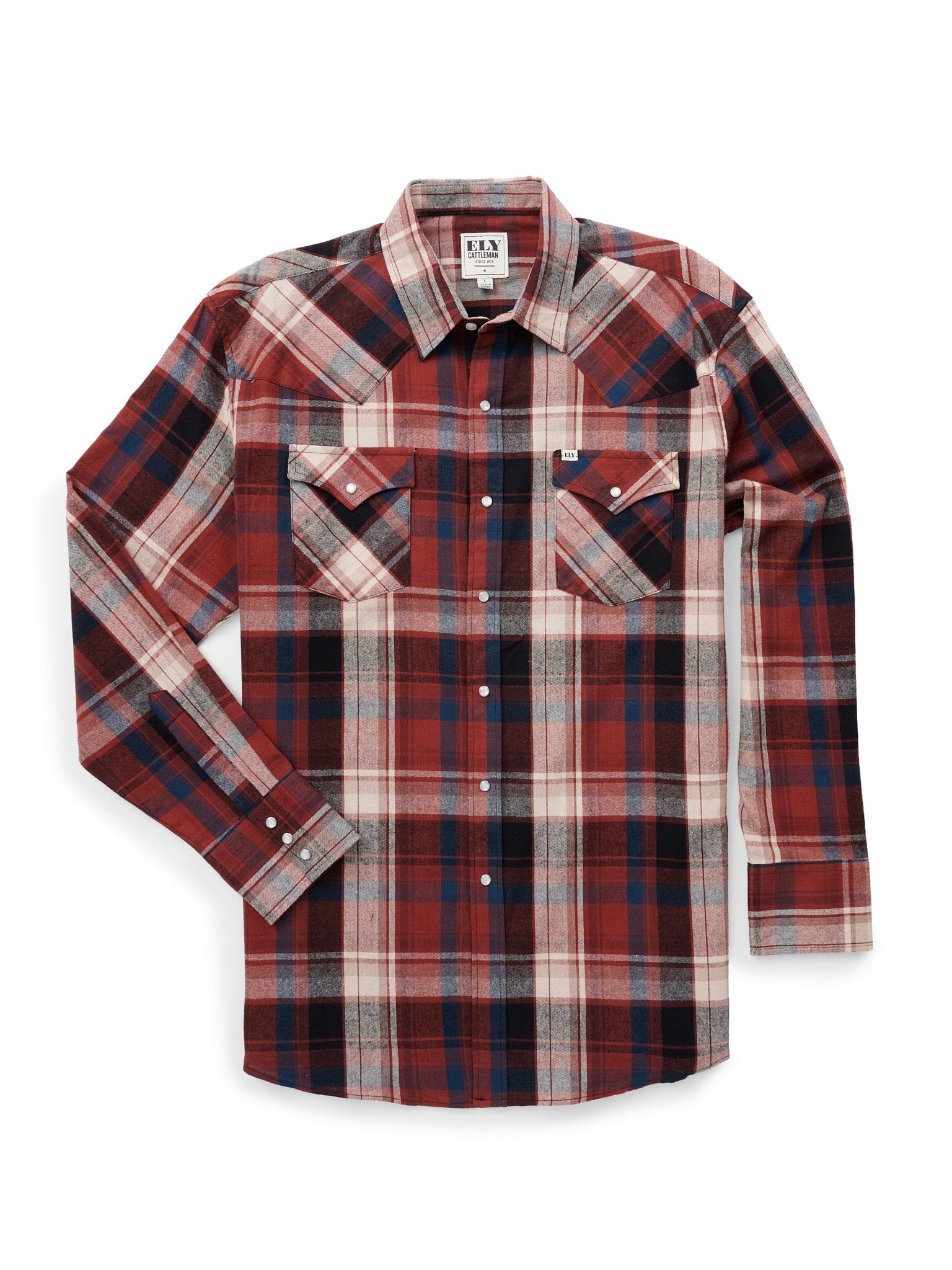 Men's Ely Cattleman Long Sleeve Flannel Plaid Western Snap Shirt- Brick
