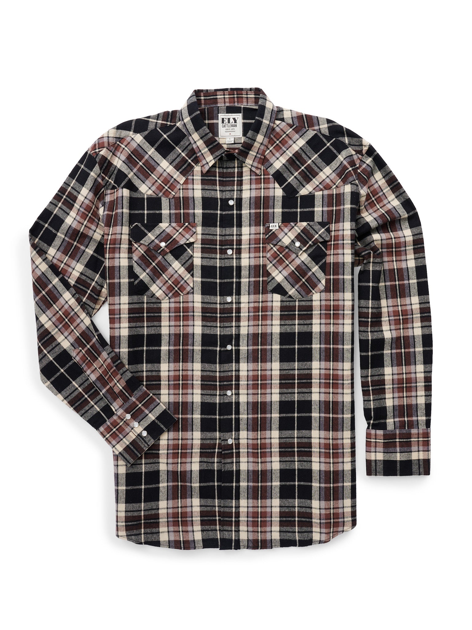 Men's Ely Cattleman Long Sleeve Flannel Plaid Western Snap Shirt- Black