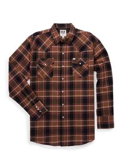 Men's Ely Cattleman Long Sleeve Flannel Plaid Western Snap Shirt- Brown