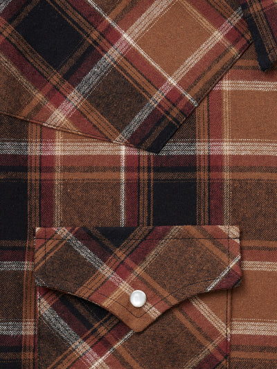 Men's Ely Cattleman Long Sleeve Flannel Plaid Western Snap Shirt- Brown