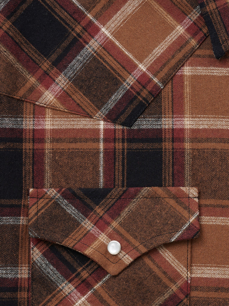 Men's Ely Cattleman Long Sleeve Flannel Plaid Western Snap Shirt- Brown
