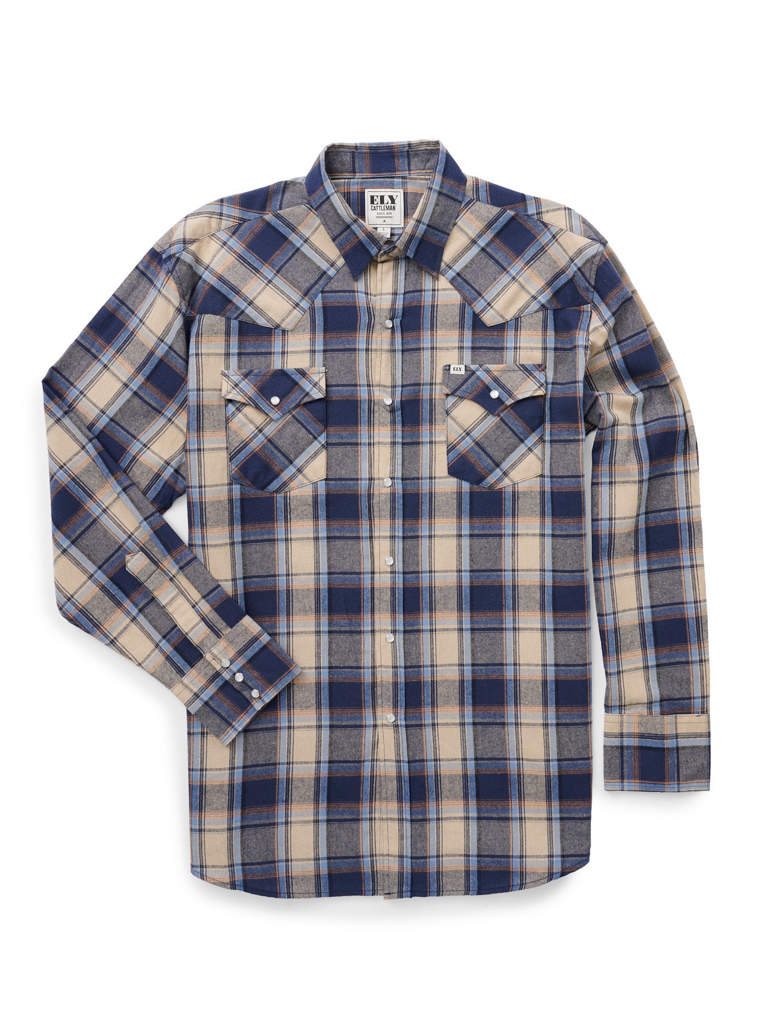 Men's Ely Cattleman Long Sleeve Flannel Plaid Western Snap Shirt- Indigo