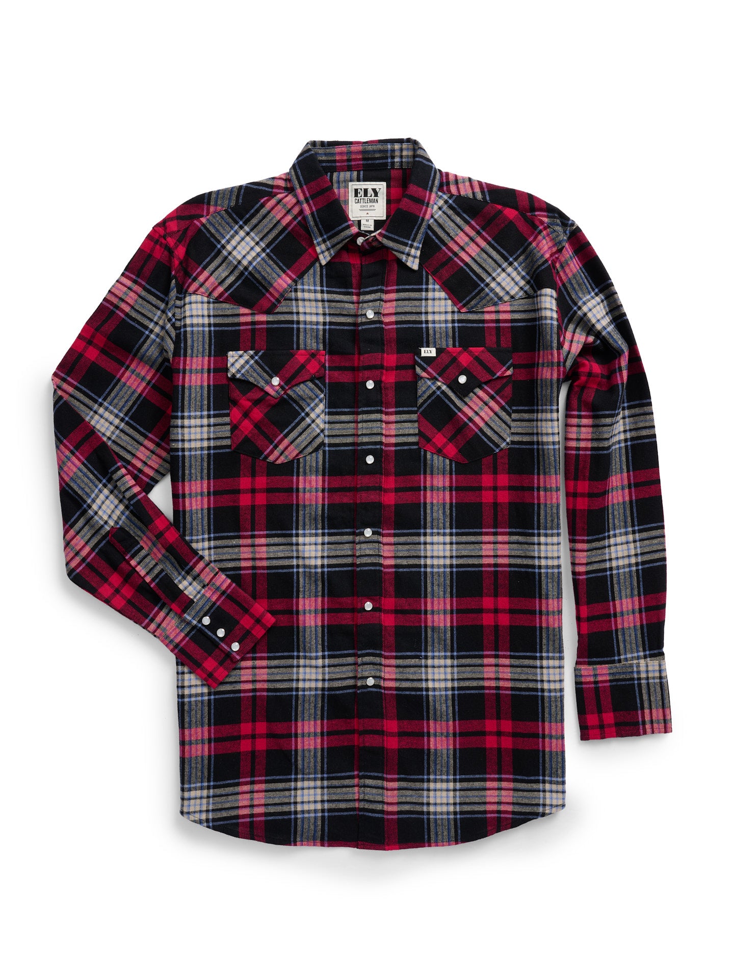 Men's Ely Cattleman Long Sleeve Flannel Plaid Western Snap Shirt- Black