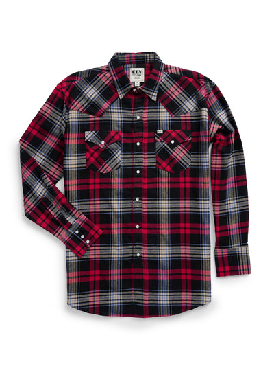 Men's Ely Cattleman Long Sleeve Flannel Plaid Western Snap Shirt- Black