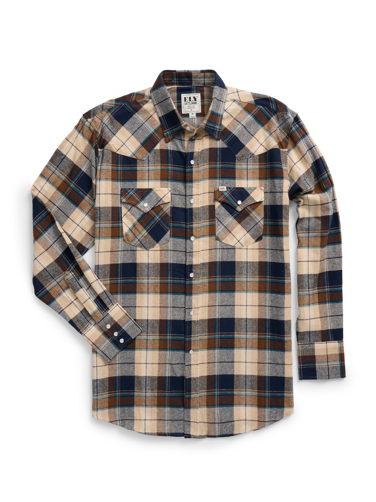 Men's Ely Cattleman Long Sleeve Flannel Plaid Western Snap Shirt- Natural