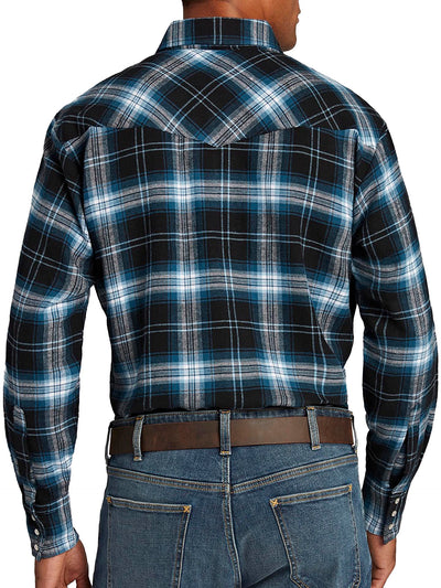 Men's Ely Cattleman Long Sleeve Brawny Flannel Western Snap Shirt- Black