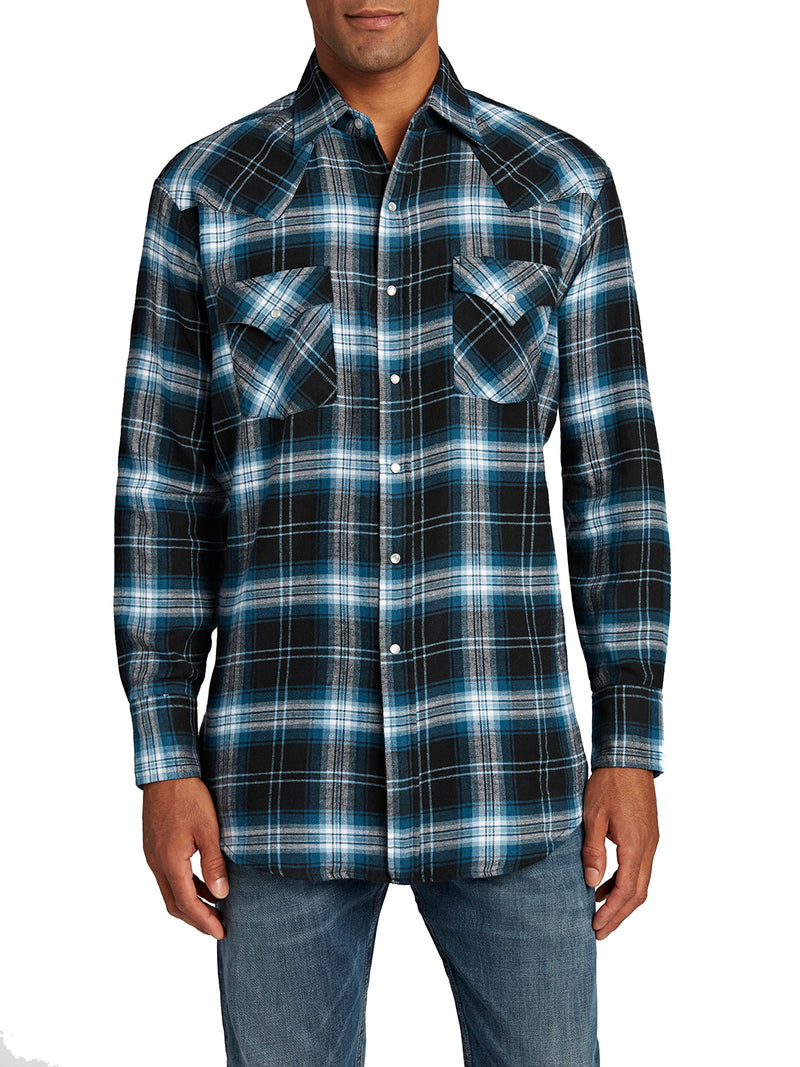 Men's Ely Cattleman Long Sleeve Brawny Flannel Western Snap Shirt- Black
