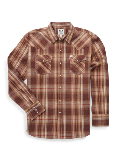 Men's Ely Cattleman Long Sleeve Brawny Flannel Western Snap Shirt- Brown