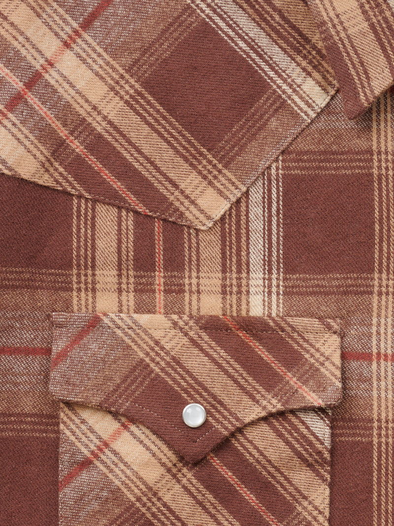 Men's Ely Cattleman Long Sleeve Brawny Flannel Western Snap Shirt- Brown