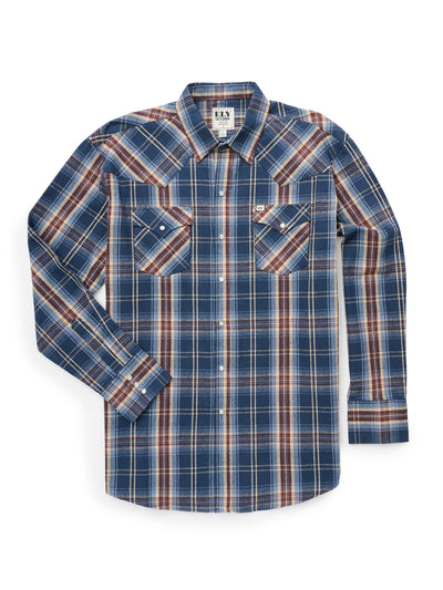 Men's Ely Cattleman Long Sleeve Brawny Flannel Western Snap Shirt- Navy