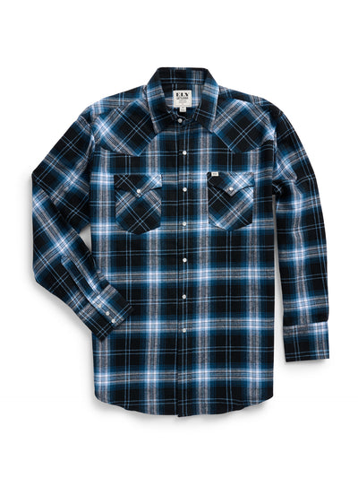 Men's Ely Cattleman Long Sleeve Brawny Flannel Western Snap Shirt- Black