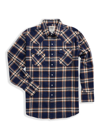 Men's Ely Cattleman Long Sleeve Brawny Flannel Western Snap Shirt- Navy
