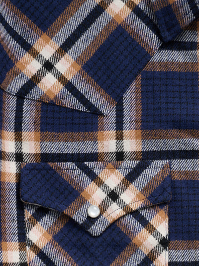 Men's Ely Cattleman Long Sleeve Brawny Flannel Western Snap Shirt- Navy