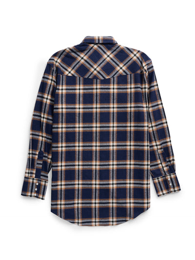 Men's Ely Cattleman Long Sleeve Brawny Flannel Western Snap Shirt- Navy