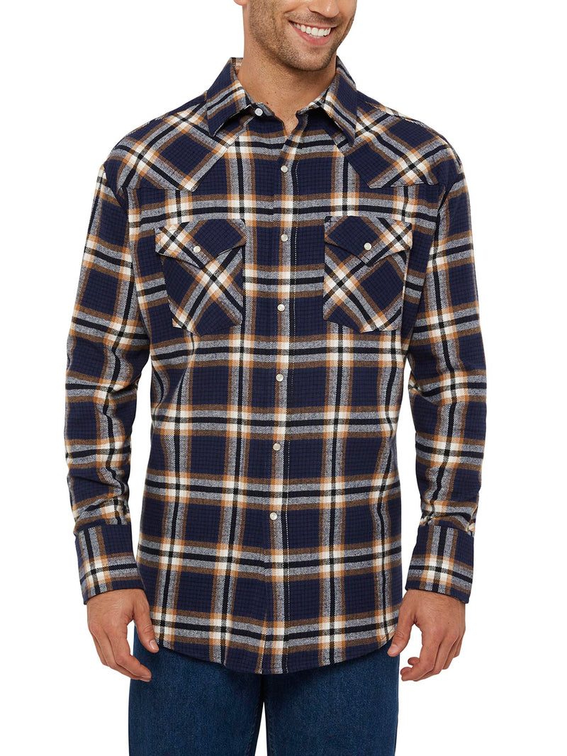 Men's Ely Cattleman Long Sleeve Brawny Flannel Western Snap Shirt- Navy