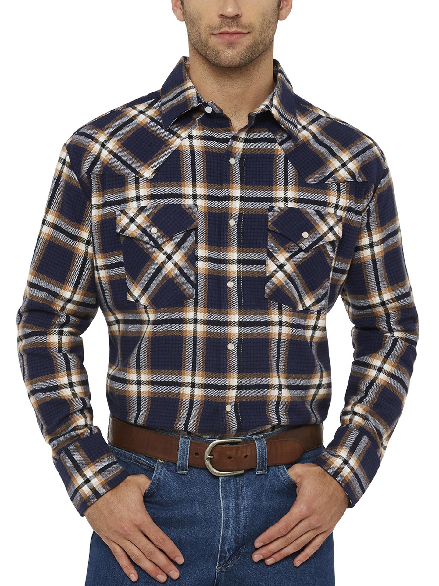 Men's Ely Cattleman Long Sleeve Brawny Flannel Western Snap Shirt- Navy